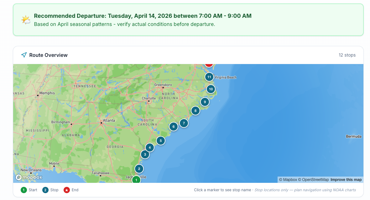 Route overview map with 12 stops from Florida to Virginia